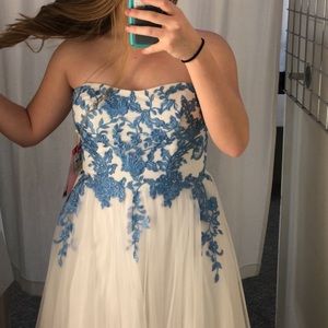 Blue and White Strapless Prom Dress